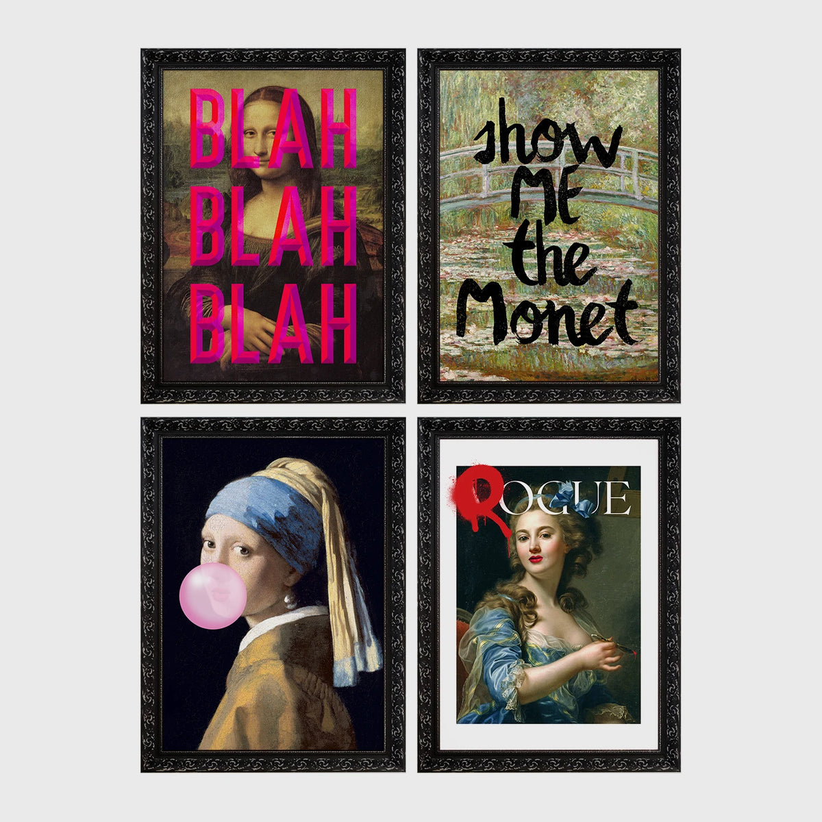 Set of 4 framed prints, educational planet illustrations: Jupiter with its bands and Great Red Spot, captioned; Planet Earth from space, captioned; Venus, captioned; and Mars, captioned — unframed