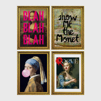 Set of 4 framed prints, educational planet illustrations: Jupiter with its bands and Great Red Spot, captioned; Planet Earth from space, captioned; Venus, captioned; and Mars, captioned — unframed