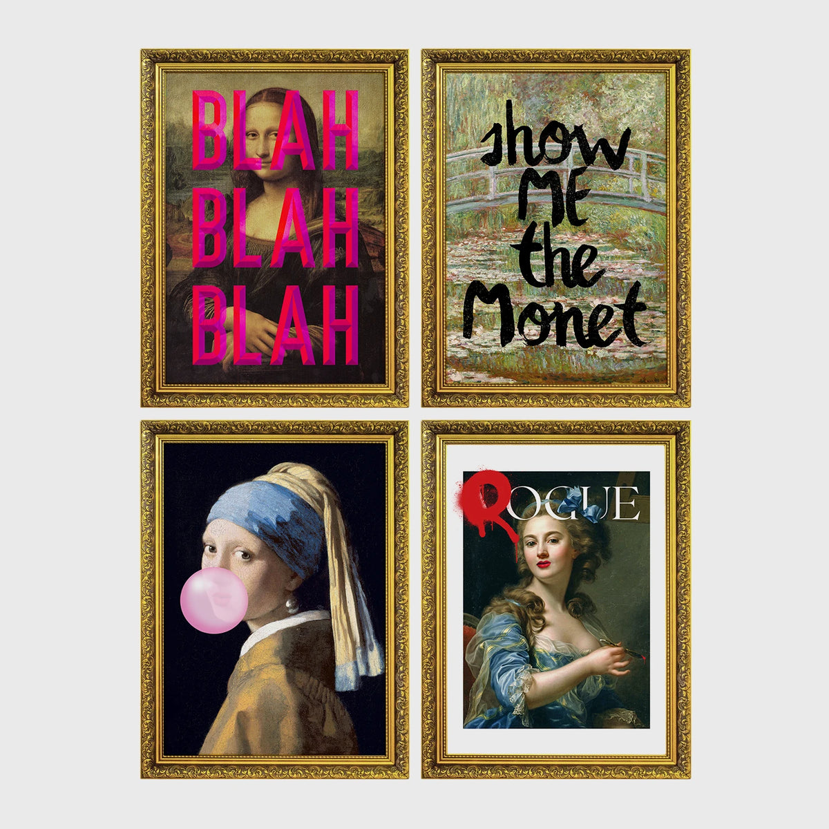 Set of 4 framed prints, educational planet illustrations: Jupiter with its bands and Great Red Spot, captioned; Planet Earth from space, captioned; Venus, captioned; and Mars, captioned — unframed