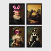 Set of 4 framed prints, classical art with pop-culture twists: the Mona Lisa with "Blah Blah Blah" pop-art text; Monet's water lily bridge with "Show Me The Monet" text; Girl with a Pearl Earring blowing pink bubblegum; and a classical portrait styled as a "Rogue" magazine cover — unframed