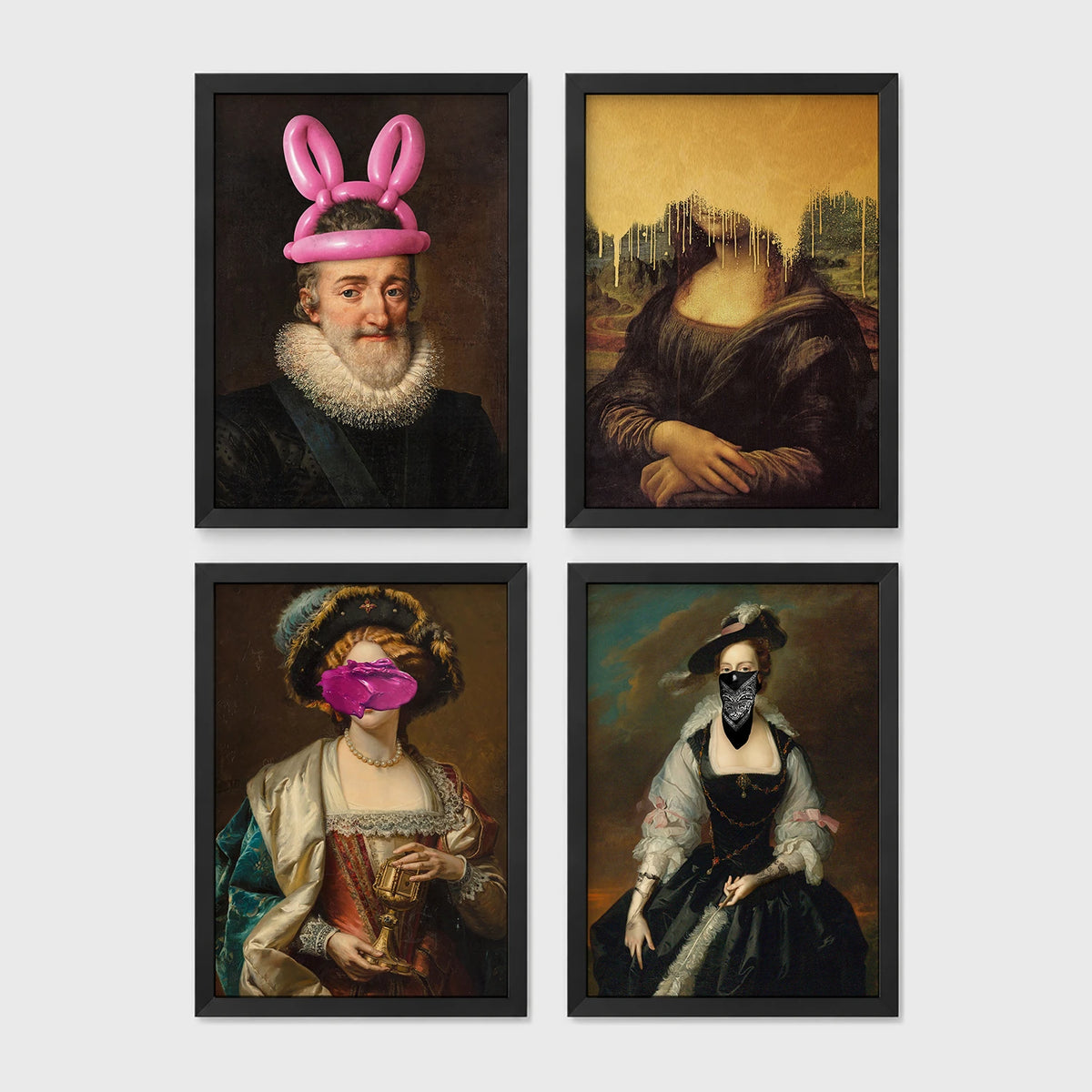 Set of 4 framed prints, classical art with pop-culture twists: the Mona Lisa with "Blah Blah Blah" pop-art text; Monet's water lily bridge with "Show Me The Monet" text; Girl with a Pearl Earring blowing pink bubblegum; and a classical portrait styled as a "Rogue" magazine cover — unframed