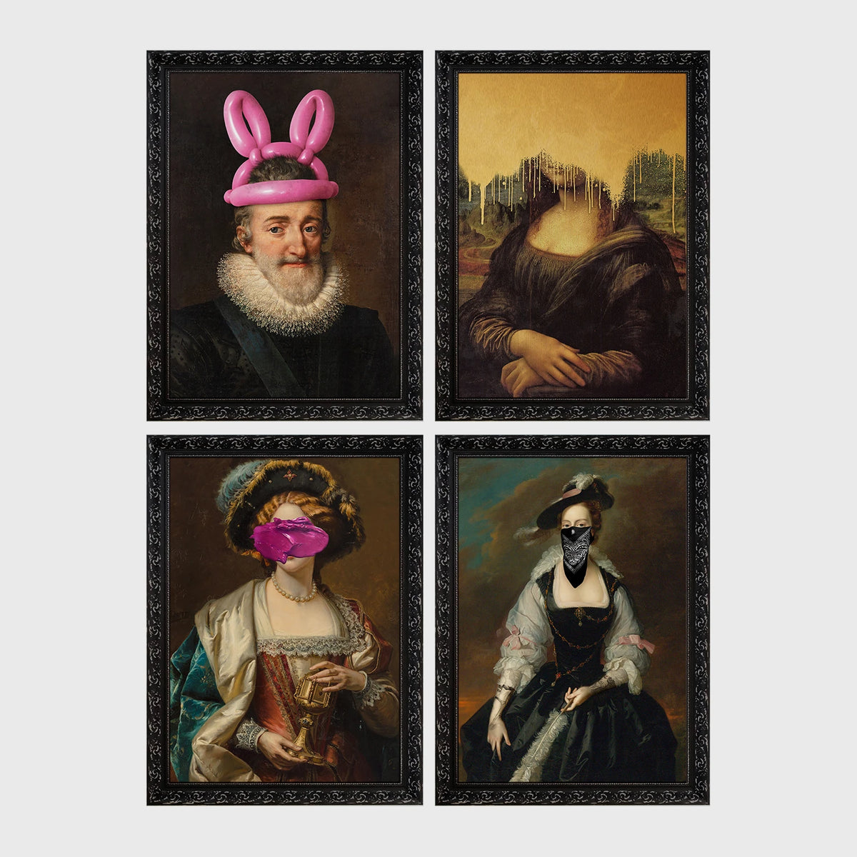 Set of 4 framed prints, classical art with pop-culture twists: the Mona Lisa with "Blah Blah Blah" pop-art text; Monet's water lily bridge with "Show Me The Monet" text; Girl with a Pearl Earring blowing pink bubblegum; and a classical portrait styled as a "Rogue" magazine cover — unframed