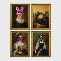 Set of 4 framed prints, classical art with pop-culture twists: the Mona Lisa with "Blah Blah Blah" pop-art text; Monet's water lily bridge with "Show Me The Monet" text; Girl with a Pearl Earring blowing pink bubblegum; and a classical portrait styled as a "Rogue" magazine cover — unframed