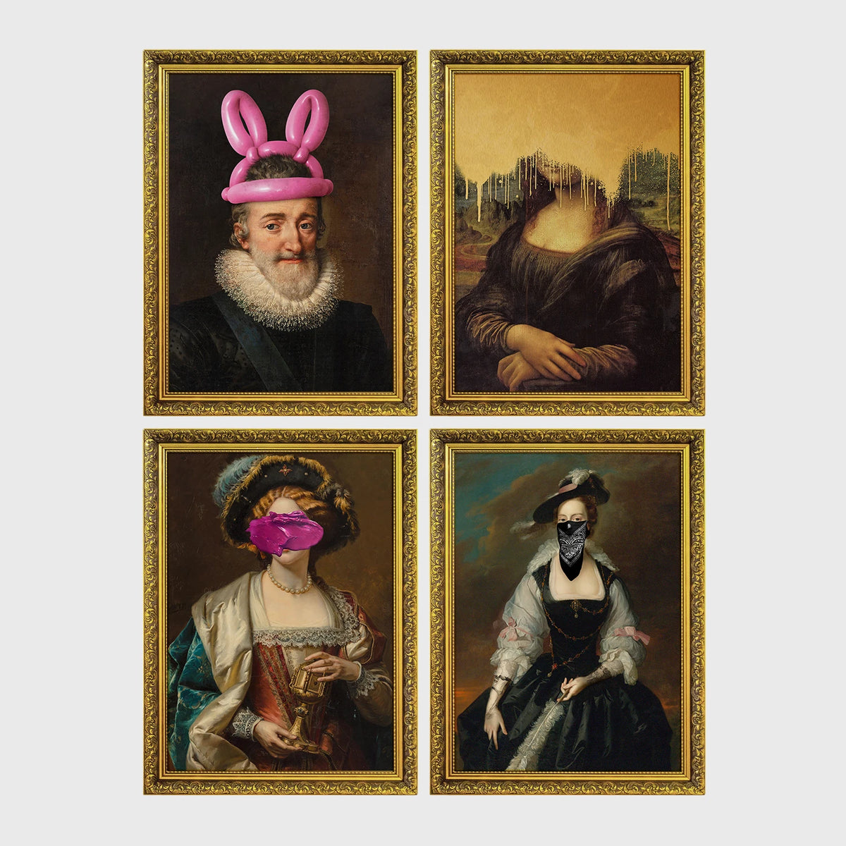 Set of 4 framed prints, classical art with pop-culture twists: the Mona Lisa with "Blah Blah Blah" pop-art text; Monet's water lily bridge with "Show Me The Monet" text; Girl with a Pearl Earring blowing pink bubblegum; and a classical portrait styled as a "Rogue" magazine cover — unframed