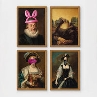 Set of 4 framed prints, classical art with pop-culture twists: the Mona Lisa with "Blah Blah Blah" pop-art text; Monet's water lily bridge with "Show Me The Monet" text; Girl with a Pearl Earring blowing pink bubblegum; and a classical portrait styled as a "Rogue" magazine cover — unframed