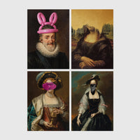 Set of 4 framed prints, classical art with pop-culture twists: the Mona Lisa with "Blah Blah Blah" pop-art text; Monet's water lily bridge with "Show Me The Monet" text; Girl with a Pearl Earring blowing pink bubblegum; and a classical portrait styled as a "Rogue" magazine cover — unframed