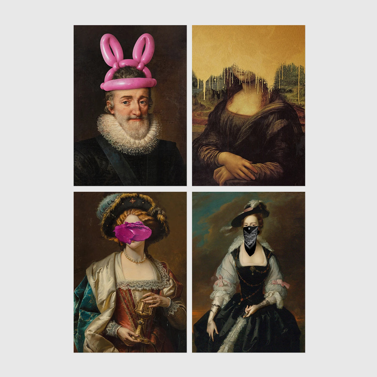Set of 4 framed prints, classical art with pop-culture twists: the Mona Lisa with "Blah Blah Blah" pop-art text; Monet's water lily bridge with "Show Me The Monet" text; Girl with a Pearl Earring blowing pink bubblegum; and a classical portrait styled as a "Rogue" magazine cover — unframed