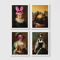 Set of 4 framed prints, classical art with pop-culture twists: the Mona Lisa with "Blah Blah Blah" pop-art text; Monet's water lily bridge with "Show Me The Monet" text; Girl with a Pearl Earring blowing pink bubblegum; and a classical portrait styled as a "Rogue" magazine cover — unframed