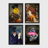 Set of 4 framed prints, surreal botanical illustrations: a leafy branch with iridescent, gem-like leaves on black; a botanical branch with moth and skull motifs among the leaves; a plant with eye-shaped leaves; and a dark floral bouquet — unframed