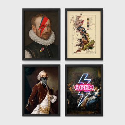 Set of 4 framed prints, neon sign photography prints: a pink neon peace-sign hand over palm leaves; a purple neon "Cocktails & Dreams" sign over a sunset palm; a pink neon "Los Angeles" sign over a twilight palm tree; and a pink neon "dreamer" script over a cloudy sky — unframed