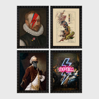Set of 4 framed prints, neon sign photography prints: a pink neon peace-sign hand over palm leaves; a purple neon "Cocktails & Dreams" sign over a sunset palm; a pink neon "Los Angeles" sign over a twilight palm tree; and a pink neon "dreamer" script over a cloudy sky — unframed