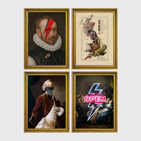 Set of 4 framed prints, neon sign photography prints: a pink neon peace-sign hand over palm leaves; a purple neon "Cocktails & Dreams" sign over a sunset palm; a pink neon "Los Angeles" sign over a twilight palm tree; and a pink neon "dreamer" script over a cloudy sky — unframed