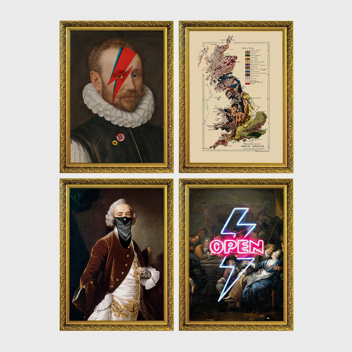 Set of 4 framed prints, neon sign photography prints: a pink neon peace-sign hand over palm leaves; a purple neon "Cocktails & Dreams" sign over a sunset palm; a pink neon "Los Angeles" sign over a twilight palm tree; and a pink neon "dreamer" script over a cloudy sky — unframed
