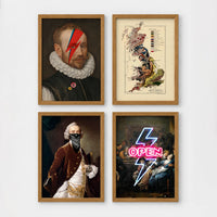 Set of 4 framed prints, neon sign photography prints: a pink neon peace-sign hand over palm leaves; a purple neon "Cocktails & Dreams" sign over a sunset palm; a pink neon "Los Angeles" sign over a twilight palm tree; and a pink neon "dreamer" script over a cloudy sky — unframed