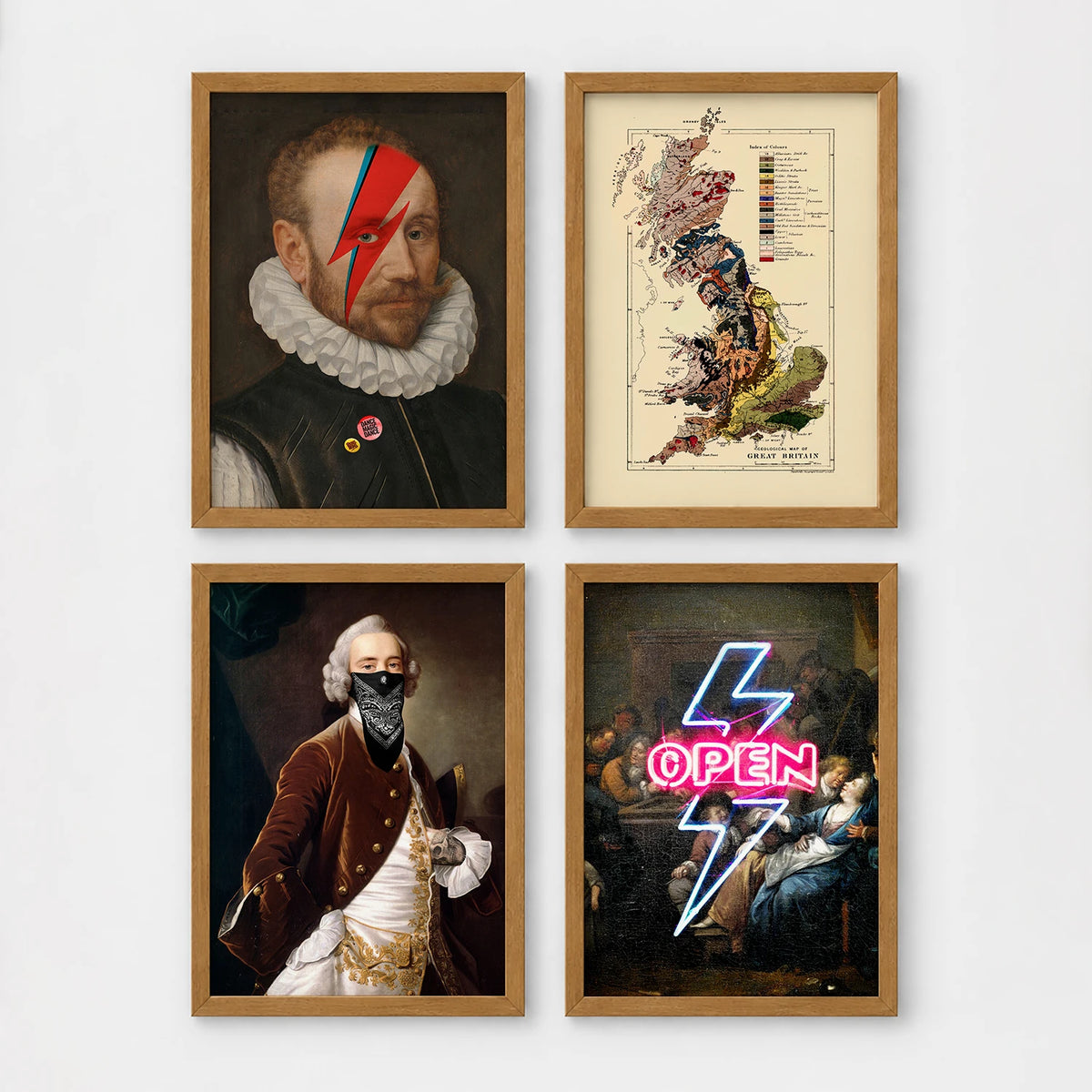 Set of 4 framed prints, neon sign photography prints: a pink neon peace-sign hand over palm leaves; a purple neon "Cocktails & Dreams" sign over a sunset palm; a pink neon "Los Angeles" sign over a twilight palm tree; and a pink neon "dreamer" script over a cloudy sky — unframed