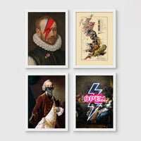Set of 4 framed prints, neon sign photography prints: a pink neon peace-sign hand over palm leaves; a purple neon "Cocktails & Dreams" sign over a sunset palm; a pink neon "Los Angeles" sign over a twilight palm tree; and a pink neon "dreamer" script over a cloudy sky — unframed