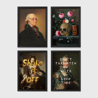 Set of 4 framed prints, classical portraits with playful modern alterations: a classical portrait with a David Bowie-style lightning bolt face paint; a vintage geological map of Great Britain; a classical portrait with a black bandana over the face; and a classical scene with a glowing neon "open" sign overlay — unframed