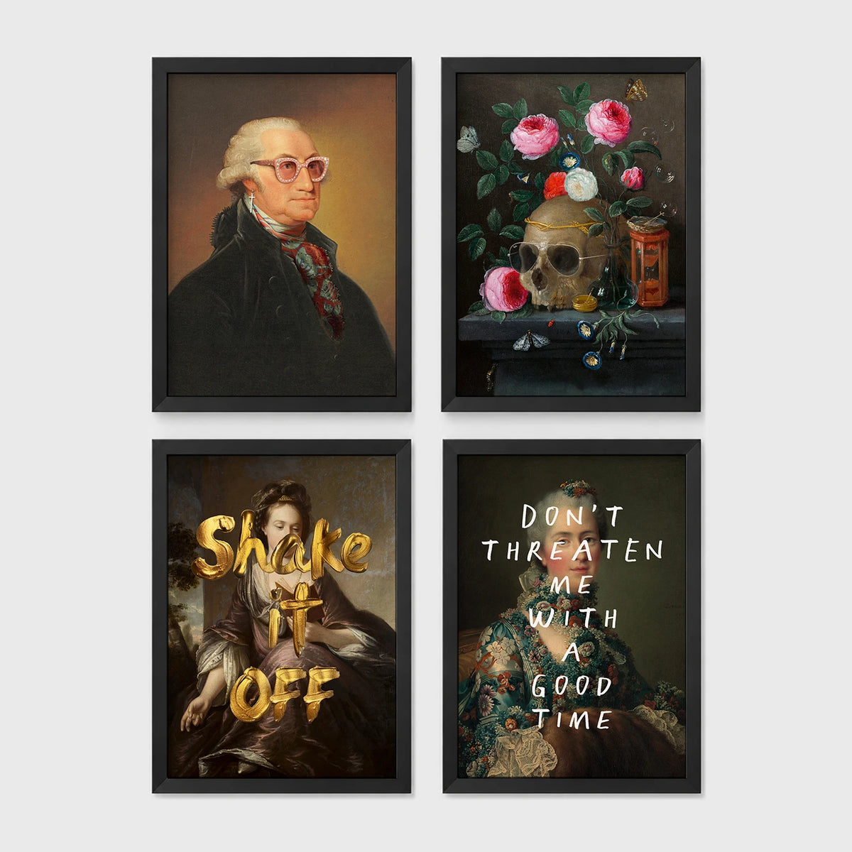 Set of 4 framed prints, classical portraits with playful modern alterations: a classical portrait with a David Bowie-style lightning bolt face paint; a vintage geological map of Great Britain; a classical portrait with a black bandana over the face; and a classical scene with a glowing neon "open" sign overlay — unframed