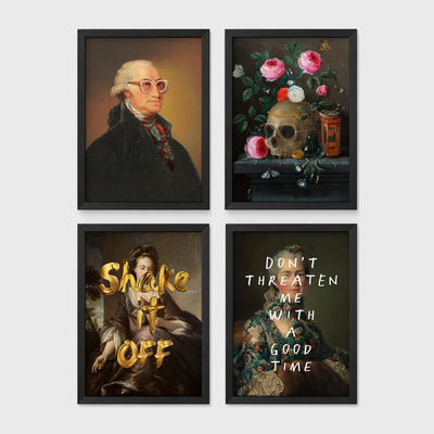 Set of 4 framed prints, classical portraits with playful modern alterations: a classical portrait with a David Bowie-style lightning bolt face paint; a vintage geological map of Great Britain; a classical portrait with a black bandana over the face; and a classical scene with a glowing neon "open" sign overlay — unframed