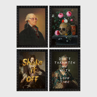 Set of 4 framed prints, classical portraits with playful modern alterations: a classical portrait with a David Bowie-style lightning bolt face paint; a vintage geological map of Great Britain; a classical portrait with a black bandana over the face; and a classical scene with a glowing neon "open" sign overlay — unframed