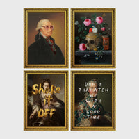 Set of 4 framed prints, classical portraits with playful modern alterations: a classical portrait with a David Bowie-style lightning bolt face paint; a vintage geological map of Great Britain; a classical portrait with a black bandana over the face; and a classical scene with a glowing neon "open" sign overlay — unframed