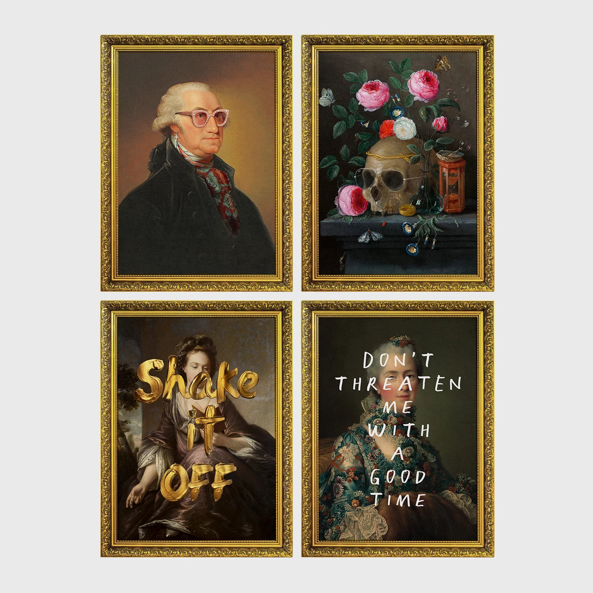 Set of 4 framed prints, classical portraits with playful modern alterations: a classical portrait with a David Bowie-style lightning bolt face paint; a vintage geological map of Great Britain; a classical portrait with a black bandana over the face; and a classical scene with a glowing neon "open" sign overlay — unframed