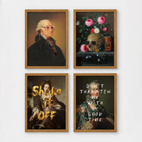 Set of 4 framed prints, classical portraits with playful modern alterations: a classical portrait with a David Bowie-style lightning bolt face paint; a vintage geological map of Great Britain; a classical portrait with a black bandana over the face; and a classical scene with a glowing neon "open" sign overlay — unframed
