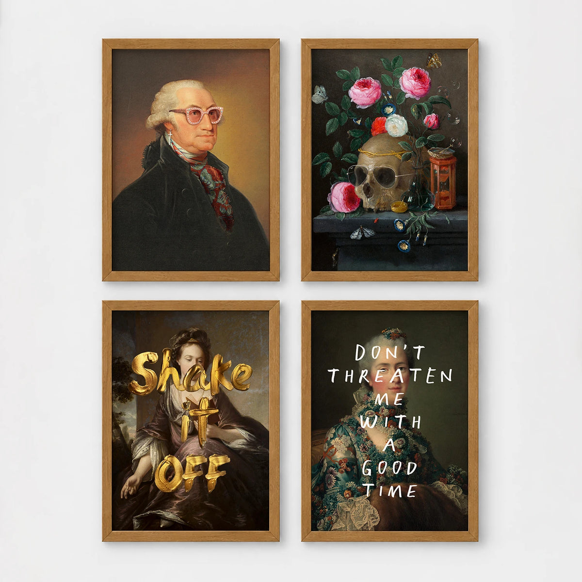 Set of 4 framed prints, classical portraits with playful modern alterations: a classical portrait with a David Bowie-style lightning bolt face paint; a vintage geological map of Great Britain; a classical portrait with a black bandana over the face; and a classical scene with a glowing neon "open" sign overlay — unframed
