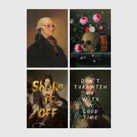 Set of 4 framed prints, classical portraits with playful modern alterations: a classical portrait with a David Bowie-style lightning bolt face paint; a vintage geological map of Great Britain; a classical portrait with a black bandana over the face; and a classical scene with a glowing neon "open" sign overlay — unframed