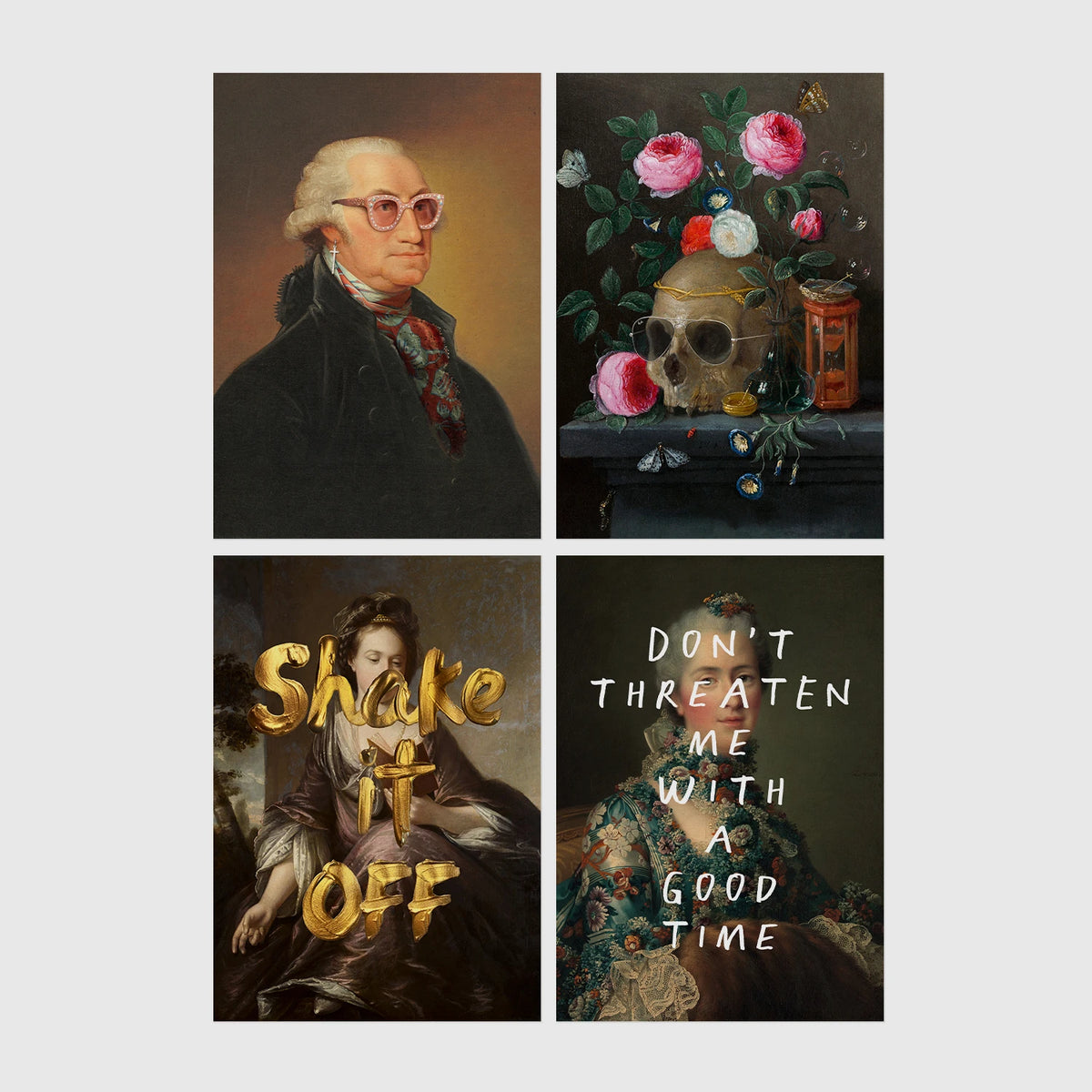 Set of 4 framed prints, classical portraits with playful modern alterations: a classical portrait with a David Bowie-style lightning bolt face paint; a vintage geological map of Great Britain; a classical portrait with a black bandana over the face; and a classical scene with a glowing neon "open" sign overlay — unframed