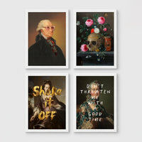 Set of 4 framed prints, classical portraits with playful modern alterations: a classical portrait with a David Bowie-style lightning bolt face paint; a vintage geological map of Great Britain; a classical portrait with a black bandana over the face; and a classical scene with a glowing neon "open" sign overlay — unframed