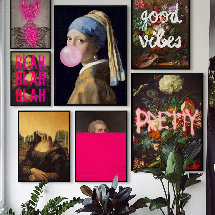 Cool and Quirky Art Poster Prints, Bubblegum blowing print and paint drippy altered art posters