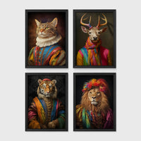 Set of 4 framed prints, animals in rainbow bohemian robes: a cat in a rainbow-striped robe; a stag in a rainbow-striped robe; a tiger in a rainbow-striped robe; and a lion in a rainbow-striped robe with a feathered headpiece — unframed