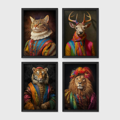 Set of 4 framed prints, animals in rainbow bohemian robes: a cat in a rainbow-striped robe; a stag in a rainbow-striped robe; a tiger in a rainbow-striped robe; and a lion in a rainbow-striped robe with a feathered headpiece — unframed