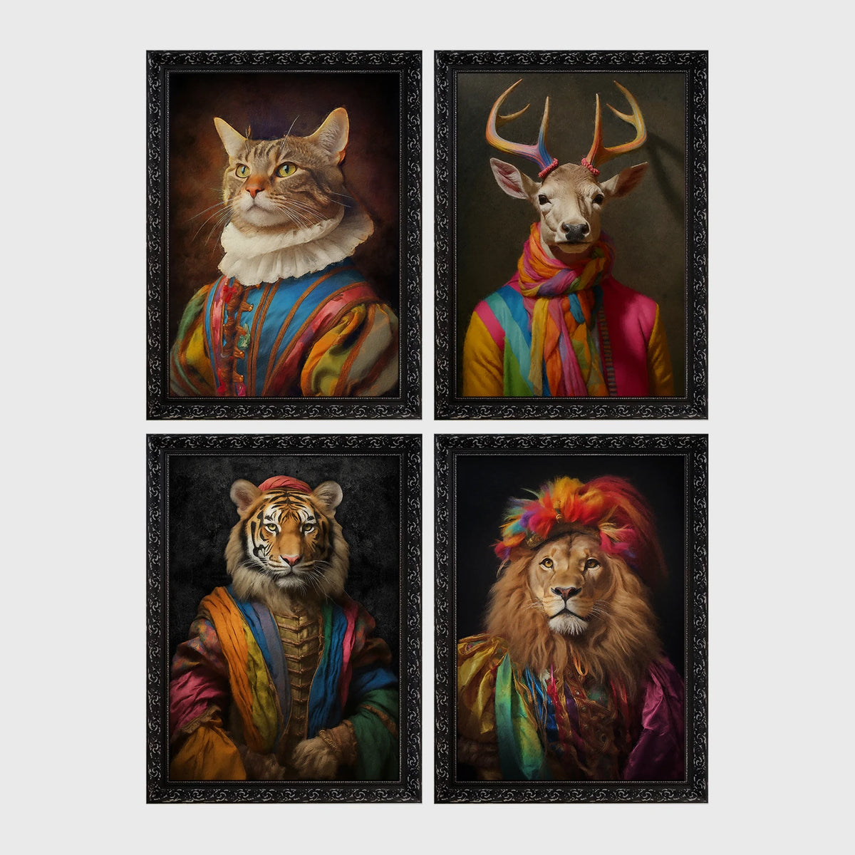 Set of 4 framed prints, animals in rainbow bohemian robes: a cat in a rainbow-striped robe; a stag in a rainbow-striped robe; a tiger in a rainbow-striped robe; and a lion in a rainbow-striped robe with a feathered headpiece — unframed