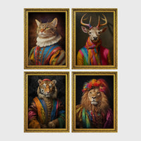 Set of 4 framed prints, animals in rainbow bohemian robes: a cat in a rainbow-striped robe; a stag in a rainbow-striped robe; a tiger in a rainbow-striped robe; and a lion in a rainbow-striped robe with a feathered headpiece — unframed