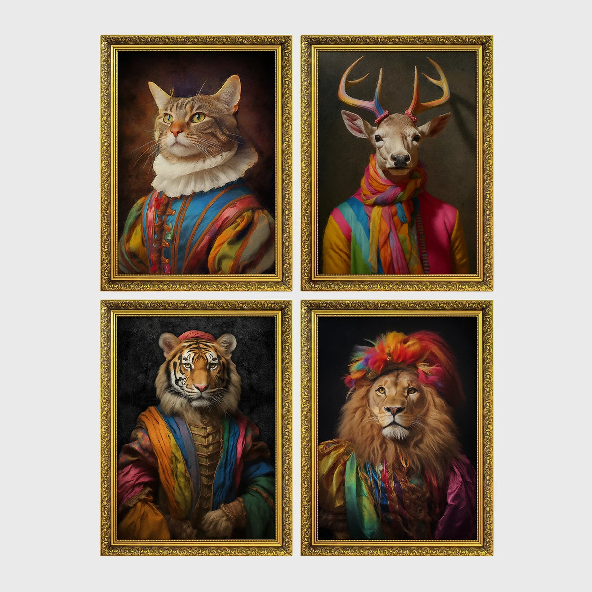 Set of 4 framed prints, animals in rainbow bohemian robes: a cat in a rainbow-striped robe; a stag in a rainbow-striped robe; a tiger in a rainbow-striped robe; and a lion in a rainbow-striped robe with a feathered headpiece — unframed