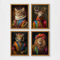 Set of 4 framed prints, animals in rainbow bohemian robes: a cat in a rainbow-striped robe; a stag in a rainbow-striped robe; a tiger in a rainbow-striped robe; and a lion in a rainbow-striped robe with a feathered headpiece — unframed