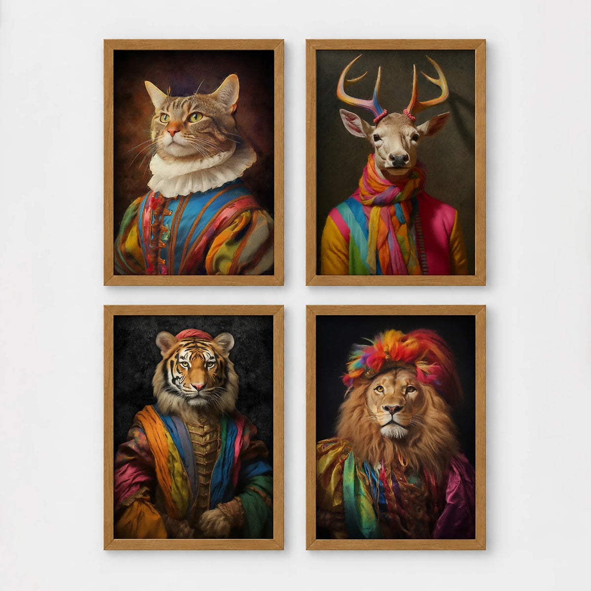 Set of 4 framed prints, animals in rainbow bohemian robes: a cat in a rainbow-striped robe; a stag in a rainbow-striped robe; a tiger in a rainbow-striped robe; and a lion in a rainbow-striped robe with a feathered headpiece — unframed