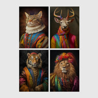 Set of 4 framed prints, animals in rainbow bohemian robes: a cat in a rainbow-striped robe; a stag in a rainbow-striped robe; a tiger in a rainbow-striped robe; and a lion in a rainbow-striped robe with a feathered headpiece — unframed