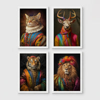 Set of 4 framed prints, animals in rainbow bohemian robes: a cat in a rainbow-striped robe; a stag in a rainbow-striped robe; a tiger in a rainbow-striped robe; and a lion in a rainbow-striped robe with a feathered headpiece — unframed