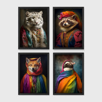 Set of 4 framed prints, animals in rainbow bohemian robes: a white tiger draped in colourful robes and jewellery; a raccoon in a turban and rainbow robe; a fox wrapped in a rainbow headscarf; and a penguin wrapped in a rainbow scarf — unframed