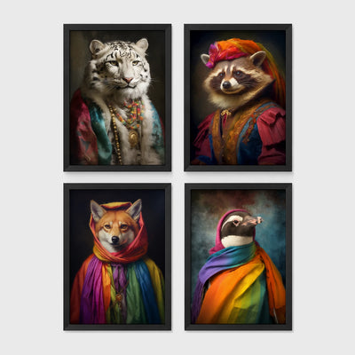 Set of 4 framed prints, animals in rainbow bohemian robes: a white tiger draped in colourful robes and jewellery; a raccoon in a turban and rainbow robe; a fox wrapped in a rainbow headscarf; and a penguin wrapped in a rainbow scarf — unframed