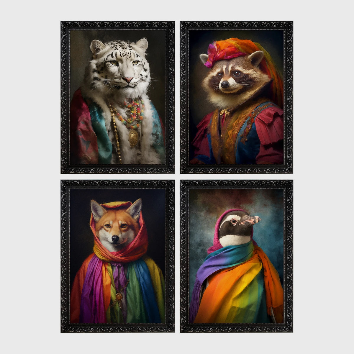Set of 4 framed prints, animals in rainbow bohemian robes: a white tiger draped in colourful robes and jewellery; a raccoon in a turban and rainbow robe; a fox wrapped in a rainbow headscarf; and a penguin wrapped in a rainbow scarf — unframed