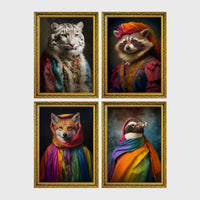 Set of 4 framed prints, animals in rainbow bohemian robes: a white tiger draped in colourful robes and jewellery; a raccoon in a turban and rainbow robe; a fox wrapped in a rainbow headscarf; and a penguin wrapped in a rainbow scarf — unframed