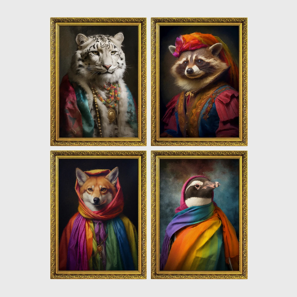 Set of 4 framed prints, animals in rainbow bohemian robes: a white tiger draped in colourful robes and jewellery; a raccoon in a turban and rainbow robe; a fox wrapped in a rainbow headscarf; and a penguin wrapped in a rainbow scarf — unframed