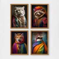 Set of 4 framed prints, animals in rainbow bohemian robes: a white tiger draped in colourful robes and jewellery; a raccoon in a turban and rainbow robe; a fox wrapped in a rainbow headscarf; and a penguin wrapped in a rainbow scarf — unframed