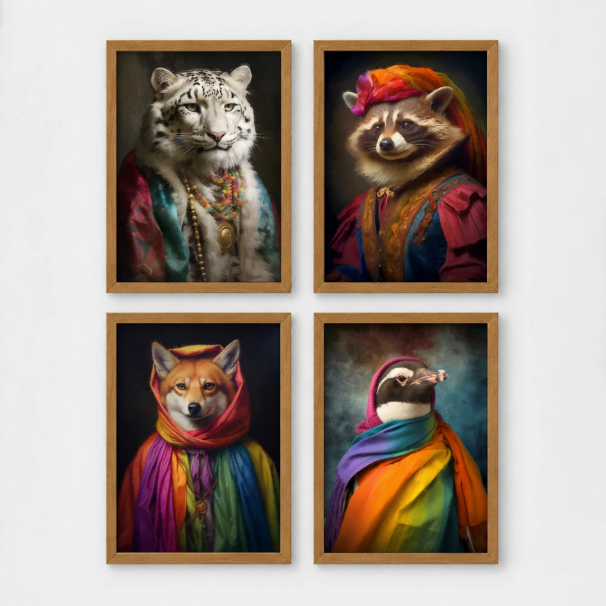 Set of 4 framed prints, animals in rainbow bohemian robes: a white tiger draped in colourful robes and jewellery; a raccoon in a turban and rainbow robe; a fox wrapped in a rainbow headscarf; and a penguin wrapped in a rainbow scarf — unframed