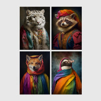 Set of 4 framed prints, animals in rainbow bohemian robes: a white tiger draped in colourful robes and jewellery; a raccoon in a turban and rainbow robe; a fox wrapped in a rainbow headscarf; and a penguin wrapped in a rainbow scarf — unframed