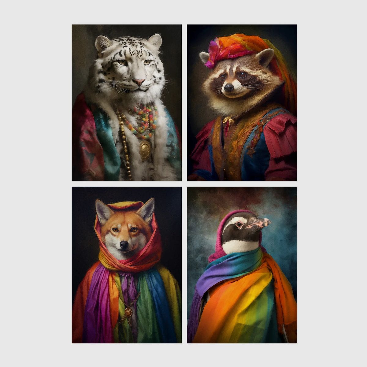Set of 4 framed prints, animals in rainbow bohemian robes: a white tiger draped in colourful robes and jewellery; a raccoon in a turban and rainbow robe; a fox wrapped in a rainbow headscarf; and a penguin wrapped in a rainbow scarf — unframed